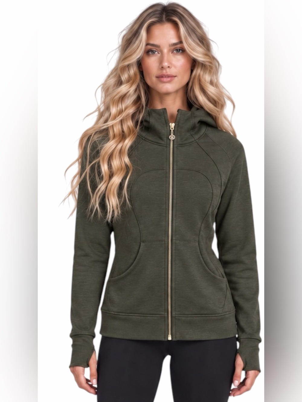 Lululemon – Scuba Hoodie Light Cotton Fleece Gold Zip – Dark Olive – Sz. 8